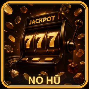 Hình ảnh game nổ hũ với các biểu tượng may mắn và tiền vàng, thể hiện cơ hội trúng jackpot lớn, thiết kế lung linh với màu vàng lấp lánh.