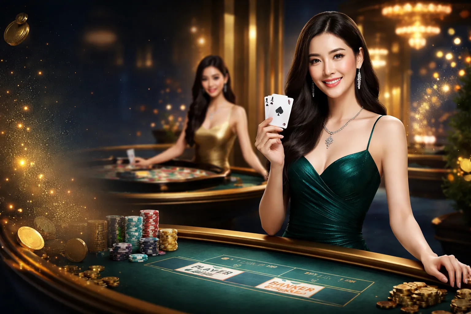 Hình ảnh minh họa game bài đổi thưởng tại Rick VIP, với bàn chơi và các lá bài được bố trí chuyên nghiệp, ánh sáng vàng ấm áp.